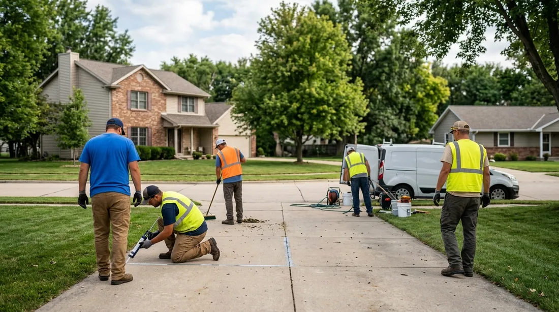 A small professional crew working on a joint sealant job at a property, seen from behind and at a — Davenport, IA